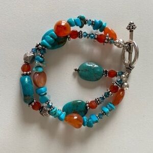 Sundance 925 Silver Turquoise Carnelian Southwestern Beaded Layered Bracelet NEW